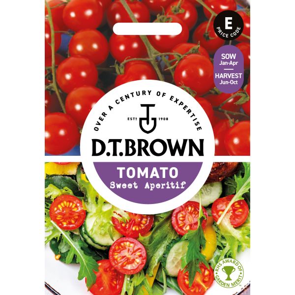 D.T. Brown tomato seed packet with images of tomatoes and a salad.
