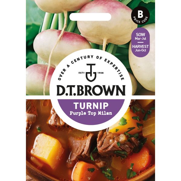 D.T. Brown turnip seed packet with images of turnips and a stew.
