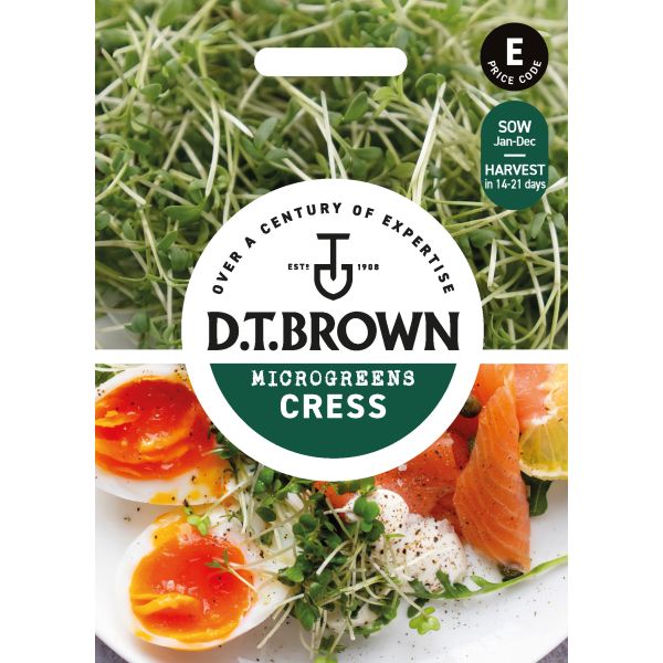 D.T. Brown microgreens cress packaging with a salad image on a white background