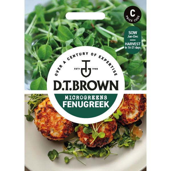 D.T. Brown microgreens fenugreek packaging with green microgreens and food items on a white background