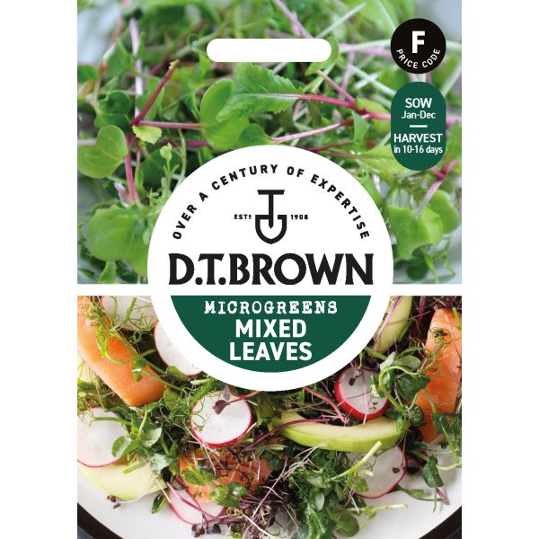 D.T. Brown microgreens packaging with fresh mixed leaves and vegetables.