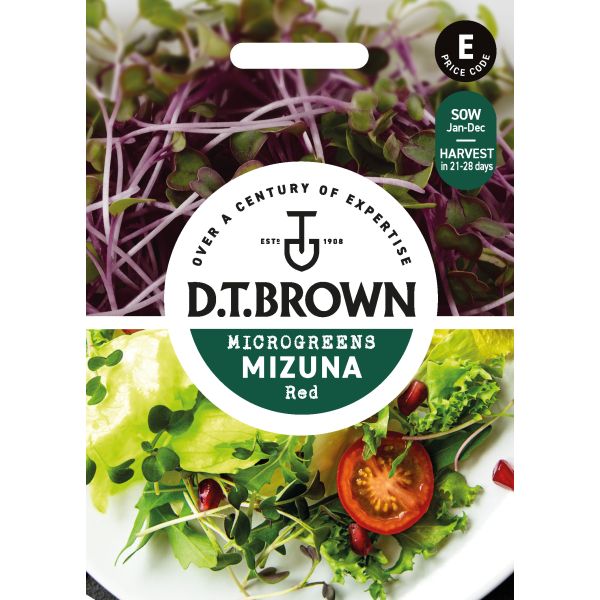 D.T. Brown Mizuna Red microgreens packaging with images of greens and a tomato.
