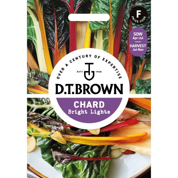 D.T. Brown Chard seed packet with colorful chard leaves on a white background