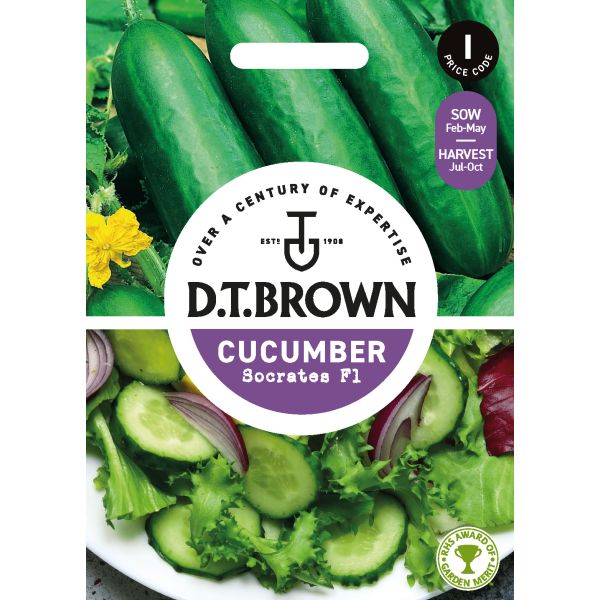 D.T. Brown cucumber seed packet with images of cucumbers and salad ingredients on a white background.