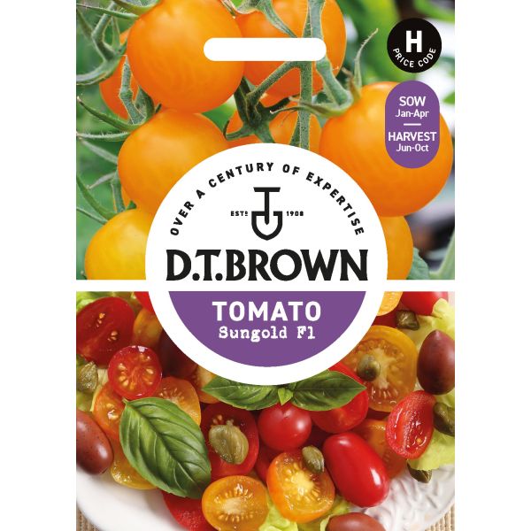 D.T. Brown tomato seed packet with images of tomatoes and branding.