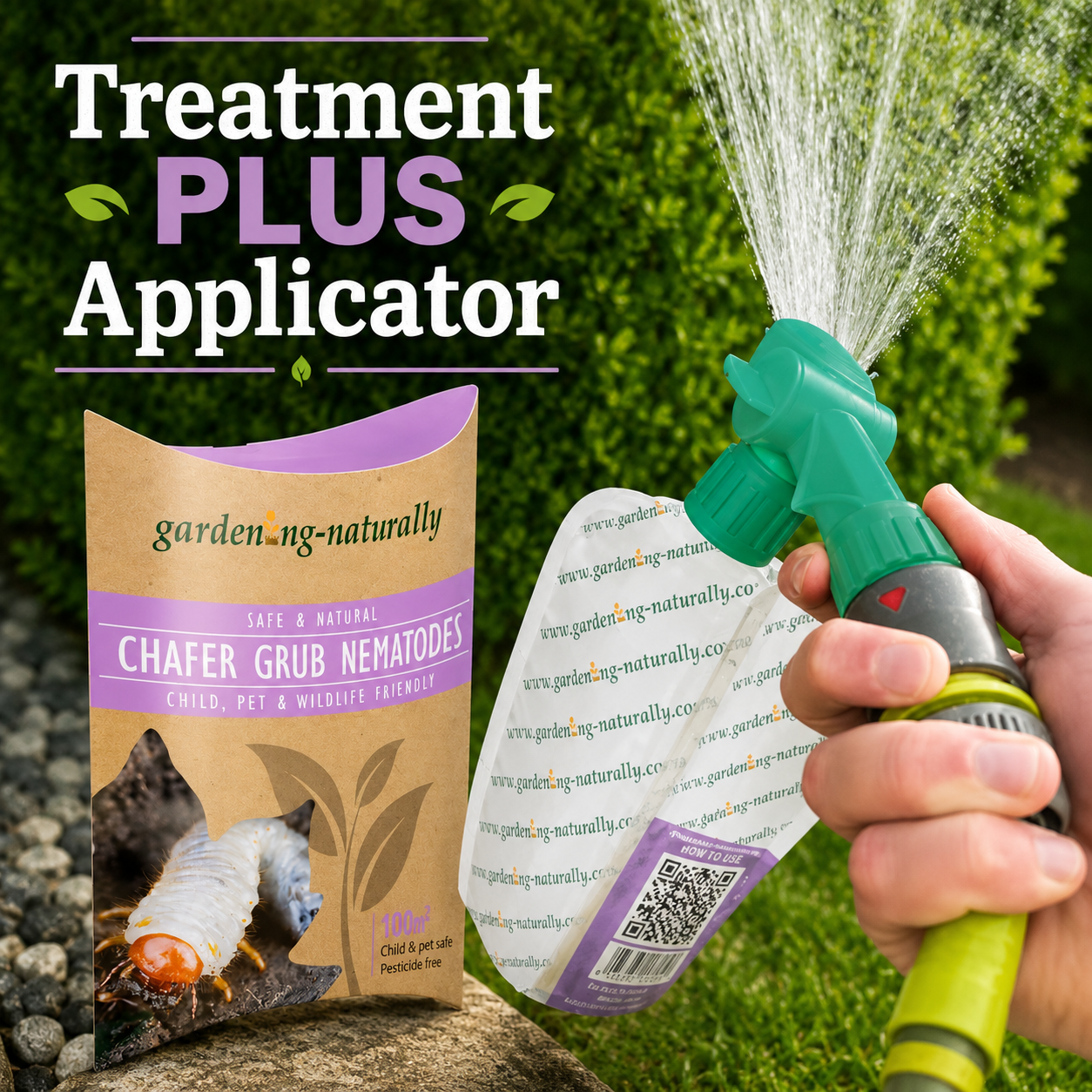 Gardening naturally product packaging with a hand holding a spray nozzle against a green background.