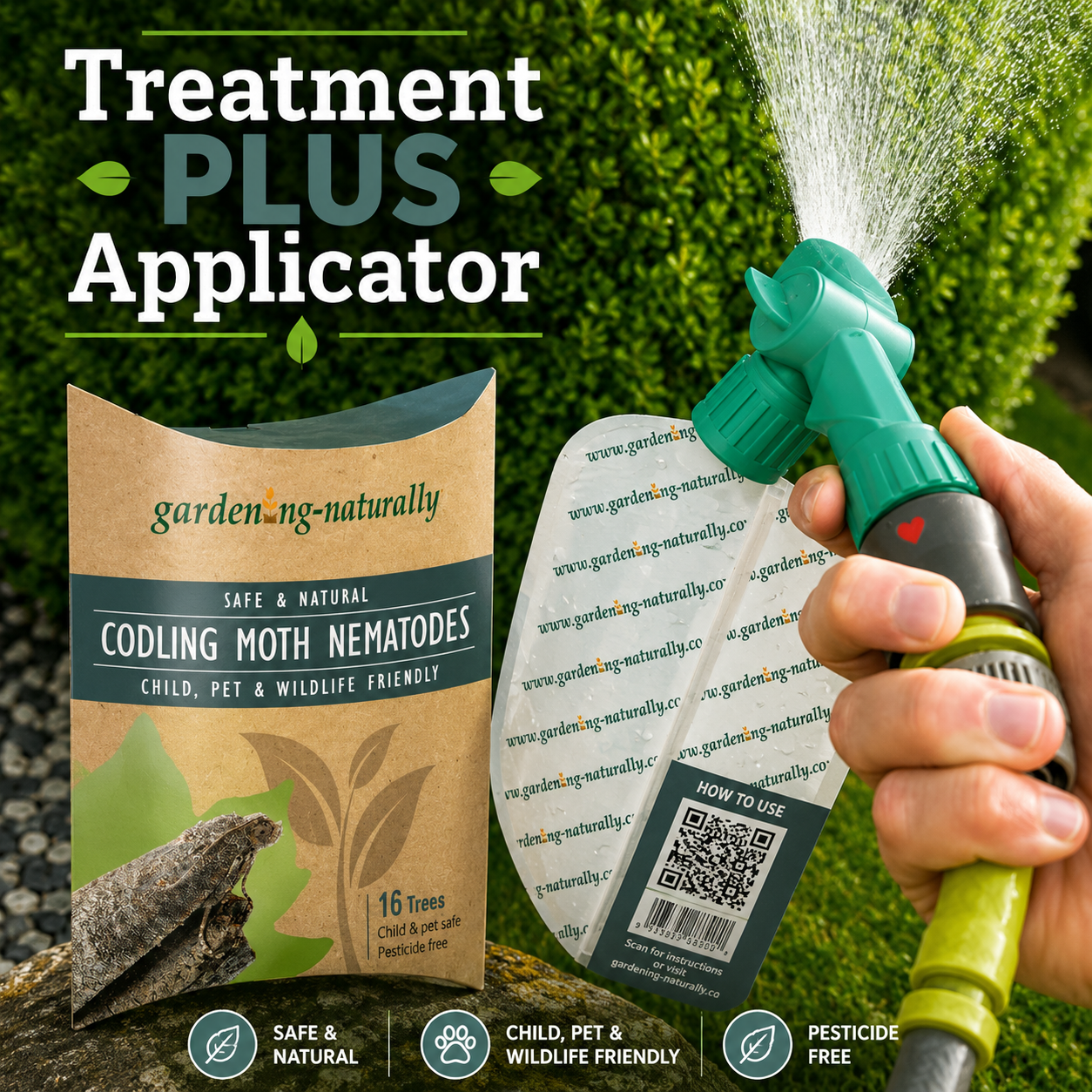 Gardening naturally product with a hand holding a spray nozzle against a green background