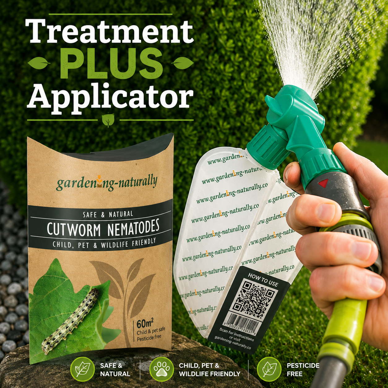 Gardening naturally product with a hand holding a spray nozzle against a green background