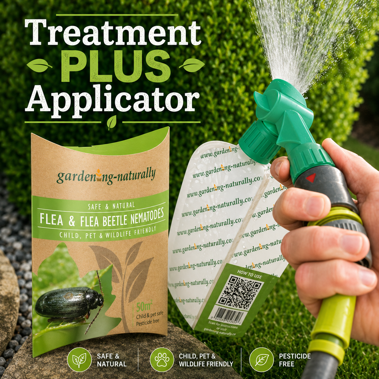 Gardening naturally product with a hand holding a spray applicator against a green background