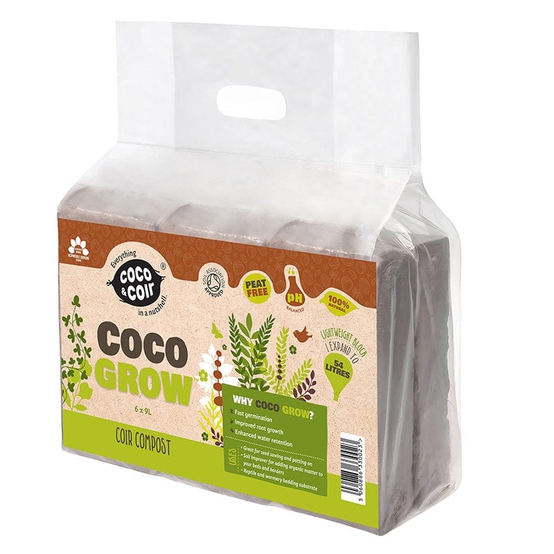 dt-brown HARDWARE Coco Grow Pure Coir Compost with added Nutrients 6 x 9ltr