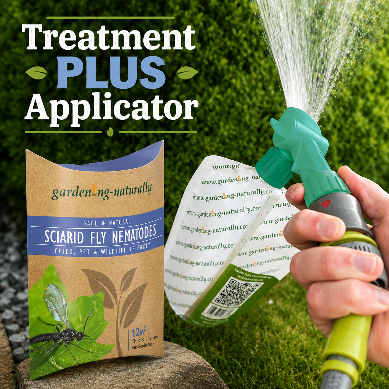 Gardening product with 'Treatment Plus Applicator' text, showing a package of nematodes and a hose.