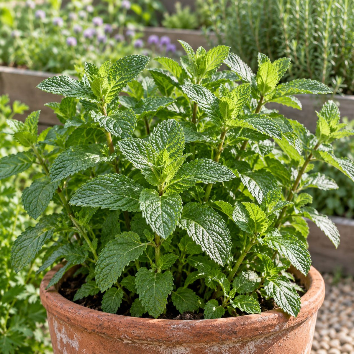 Fresh mint growing in a terracotta pot in a herb garden.
