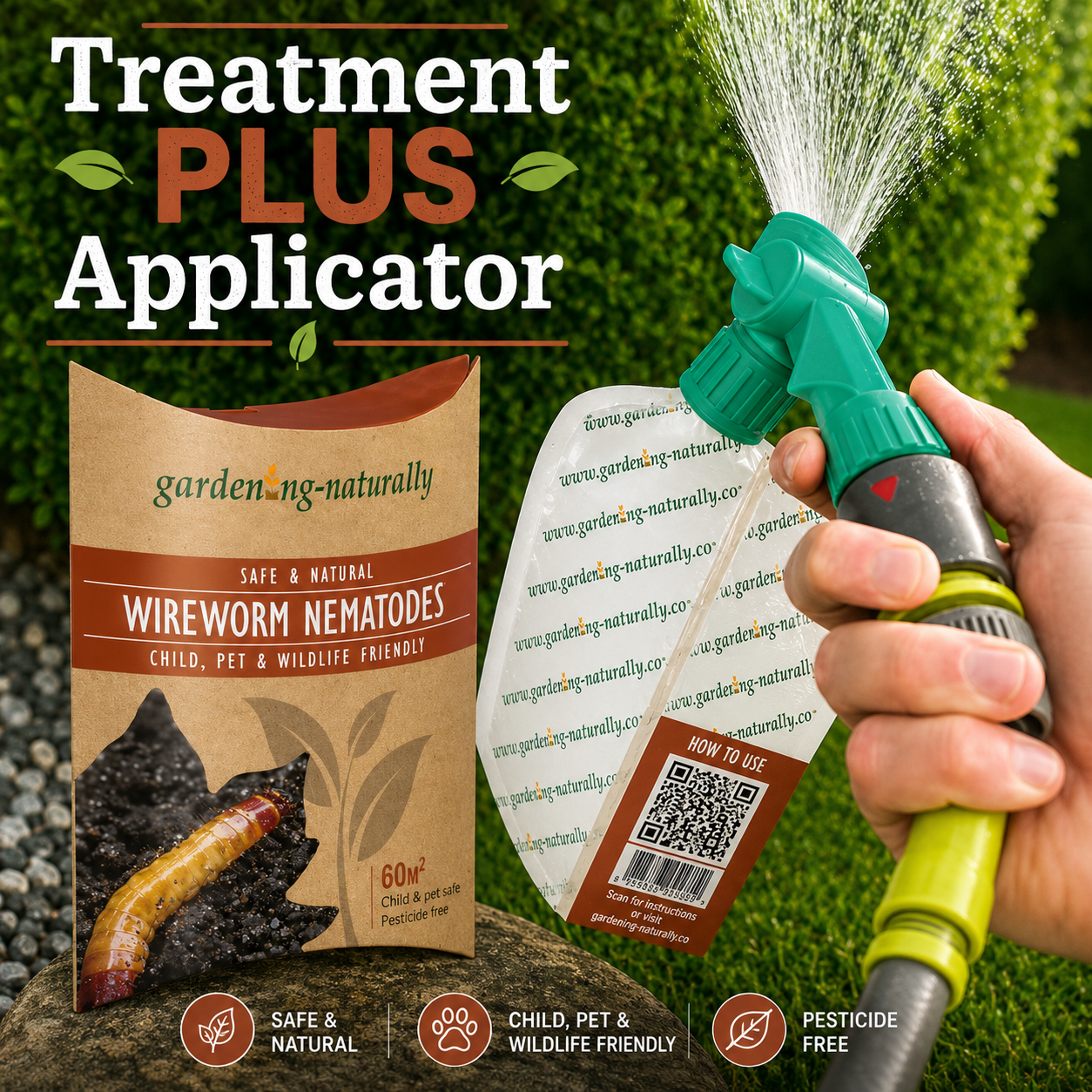 Garden treatment package with a hand holding a watering can on grass